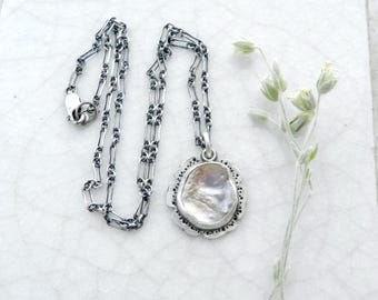 New! Rustic Pink Keshi Flower Stamped Organic Pendant, Metallic Natural Pearl, Handmade Artisan Flower