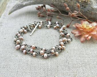 Pink Blush Pearl: Hand Wired Chain, Handmade Artisan Sterling Layering Rustic Boho Necklace