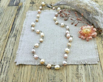Handmade Sterling Pearl Rosary Necklace: Pink, Peach, Bronze
