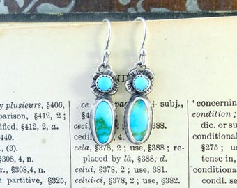 Blue Turquoise Sterling Flower Dangle Earrings: Artisan Two Color Turquoise, Made by Hand