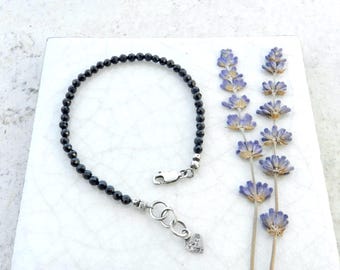 Sparkly Black Spinel Bead Bracelet, Layering, Faceted Gem, Artisan Sterling Silver