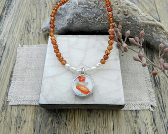 New! Artisan Vintage Orange Flower Porcelain Garnet Pearl Necklace, Sterling Silver Pendant