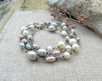 Gray Lavender Pearl: Hand Wired Chain, Handmade Artisan Sterling Layering Rustic Boho Necklace