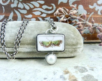 Vintage Purple Green Butterfly: French Porcelain Necklace Sterling Silver, Freshwater Pearl