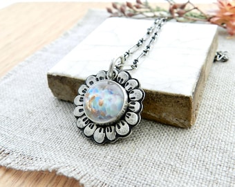 Handmade Sterling Art Glass Flower Pendant, Old Iridescent Glass, Copper Fleck, Rustic Necklace