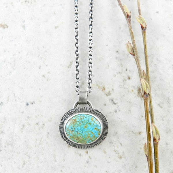 Rustic Blue Green Turquoise Mountain Sunburst Stamped Organic Pendant Turquoise Gem Metalsmith Artisan Necklace