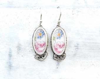 Vintage Porcelain Flower Earrings, Pink Rose, Sterling Silver, Reclaimed China
