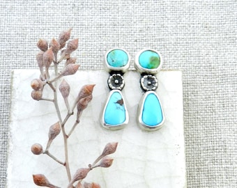 Double Turquoise & Rosette Dangle Gem Flower Artisan Earrings, Metalsmith Rustic Gem Handmade Stud Drop