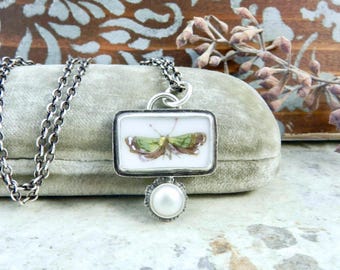 Vintage Purple Green Butterfly: French Porcelain Necklace Sterling Silver, Freshwater Pearl