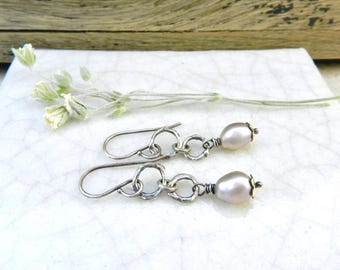 New! Sterling Soft Gray Pearl, Botanical Hoop Metalsmith Dangle, Handmade Artisan Jewelry, Everyday Earring