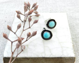Sky Blue Turquoise Flower Stud, Artisan Earrings, Metalsmith Rustic Handmade, Classic Silver Jewelry