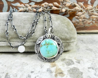Rustic Blue-Green Turquoise Necklace: Sterling Silver Leaf Pendant, Artisan Gem