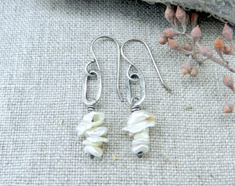 New! Oval Sterling Pearl Hoop, Textured Metalsmith Dangle Handmade, Artisan Sterling, Everyday Earring