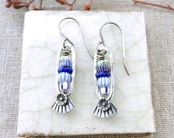 Sterling Silver Hoop Earrings, Antique Stripe Beads, Artisan Textured Dangles