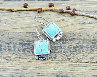 Soft Blue Leaf Turquoise Handmade Earring, Sterling Metalsmith, Rustic Natural Gem Modern Woodland