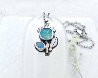 Opal Botanical Flower Leaf Artisan Pendant, Boulder Opal, Stamped Blossom, Art Pendant