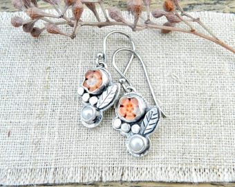 Vintage Coral, Pearl & Leaf Flower Botanical Dangle, Gem Artisan Earrings, Metalsmith Rustic Botanical Handmade