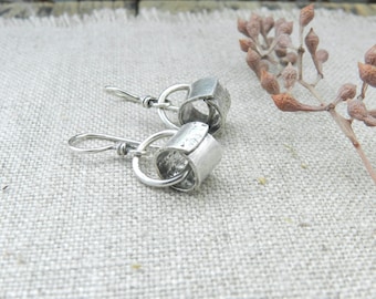 New! Paper Chain Sterling Hoops, Recycled Metalsmith Dangle. Handmade Artisan Textured Sterling, Everyday Earring