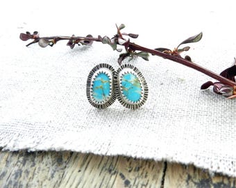 Handmade Turquoise Stud Earrings: Sterling Silver Sunburst, Rustic Southwest, Everyday Earring