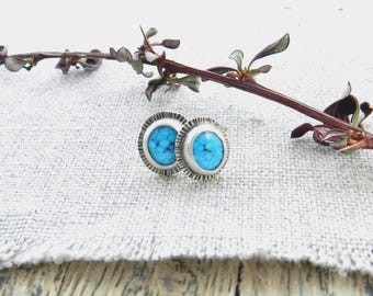 Handmade Blue Turquoise Studs: Sterling Silver Sunburst Texture Earrings, USA Turquoise
