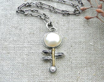 White Pearl Flower, Handmade Sterling Stick Necklace, Mixed Metal, Minimalist Rustic Art Jewelry
