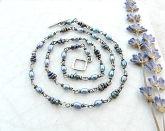 New! Artisan Purple and Blue Pearl Wirewrap Chain Necklace: Boho Layering Pearls