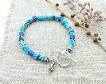 Antique Blue Trade Bead Bracelet, Russian Blues, Turquoise, Sterling Silver