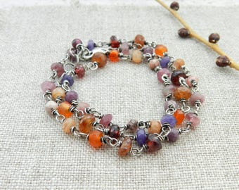 Handmade Pink Shades Gemstone Rosary Necklace: Oxidized Sterling Silver, Multi-Color Wildflower Inspired