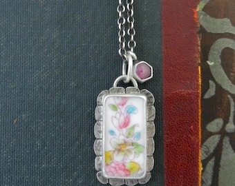 Vintage Pink Floral Porcelain Pendant Necklace: Sterling Silver, Sapphire Accent