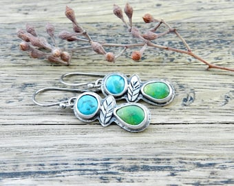 Turquoise & Leaf Botanical Dangle, Gem Flower Artisan Earrings, Metalsmith Rustic Gem Handmade