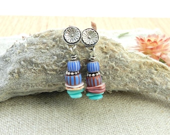Sterling Rosette Post Earrings, Antique Trade Beads, Turquoise, Southwest Style