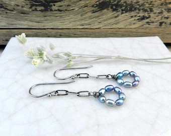 New! Artisan Freshwater Blue Gray Pearl Beaded Hoop, Metalsmith Dangle Chain Handmade Earring
