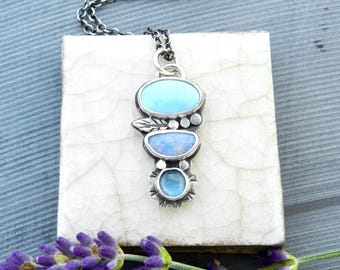 Opal, Lavender Turquoise Leaf Handmade Three Stone Pendant, Sterling Metalsmith, Rustic Modern Woodland