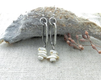 New! Hammered Sterling Long Oval Pearl Hoop Earrings, Artisan Dangle Jewelry