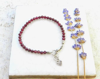 Red Sparkly Garnet Bead Bracelet, Layering, Faceted Gem, Artisan Sterling Silver