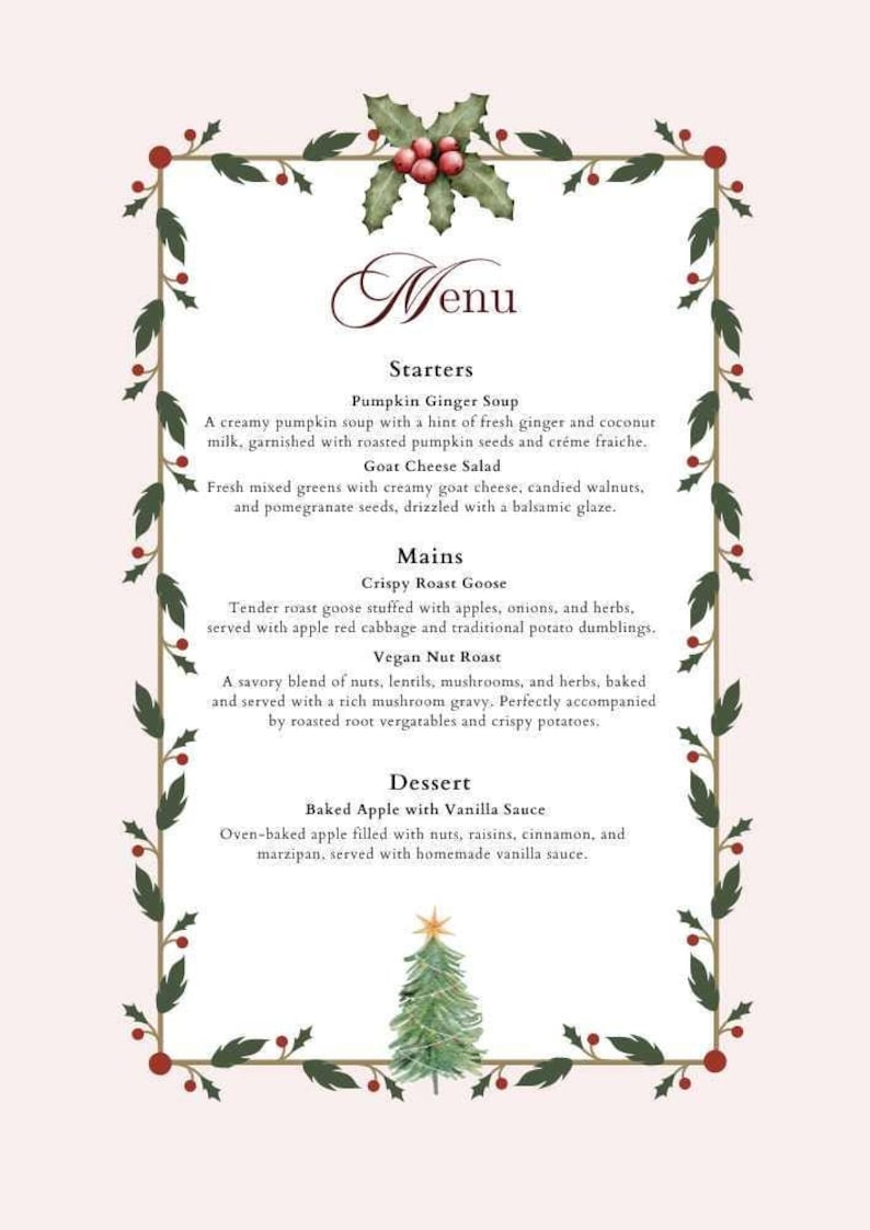 Elegant Christmas Dinner Printable Menu Editable Template Instant