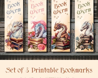 Set van 8 afdrukbare leesdraak &quot;Book Wyrm&quot; bladwijzers | Digitale download! Direct downloaden