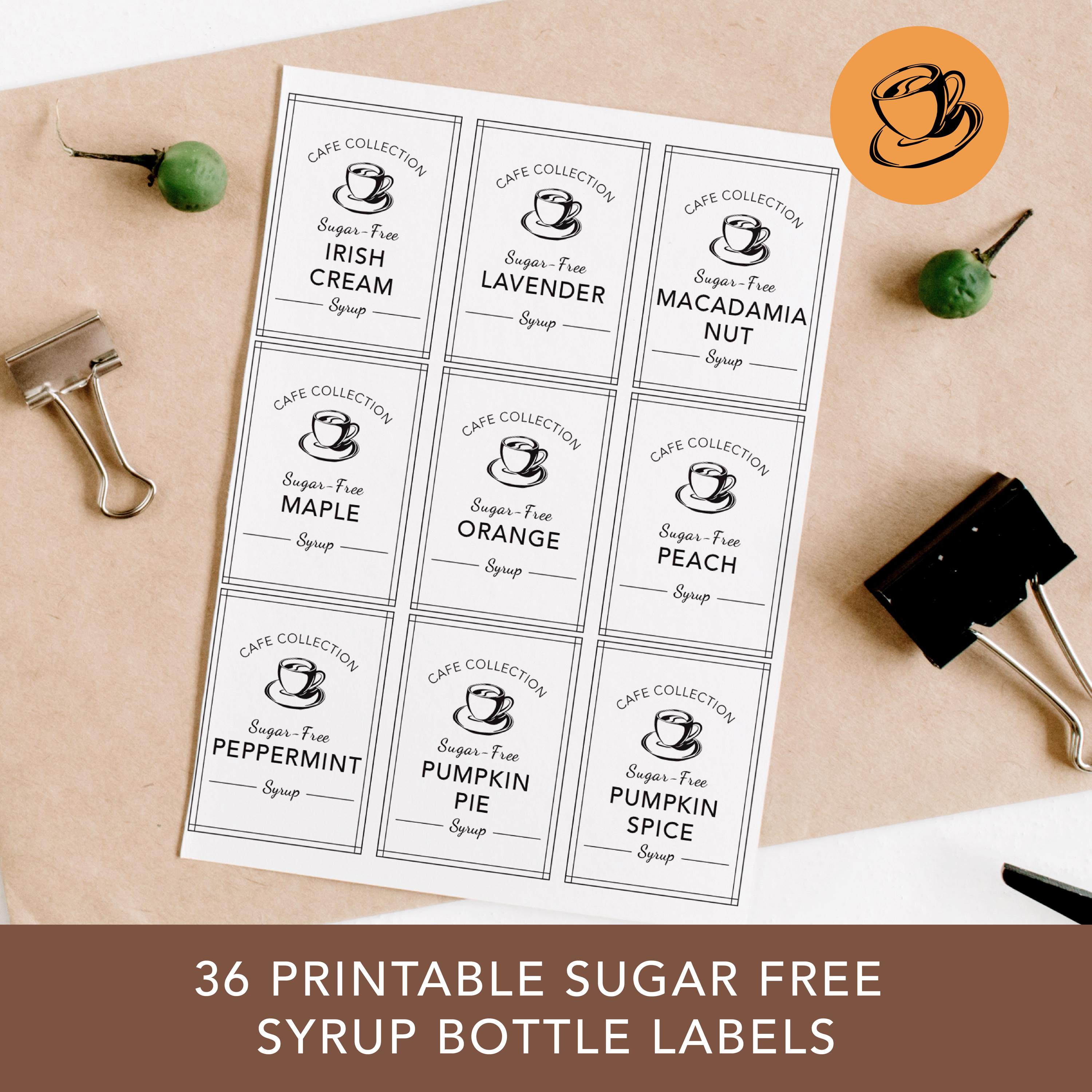 Afdrukbare flesetiketten suikervrije siroop | Voor koffie, thee, cocktails en frisdrank | Set van 36 labeldownloads