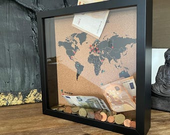Reisdoos, speld wereldkaart, geheugendoos, spaarpot, reizigerscadeau, cadeau voor stel, cadeau voor haar, cadeau voor hem • • Zwarte lijst - zwarte kaart•