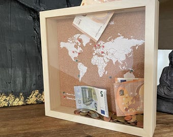 Reisdoos, speld wereldkaart, geheugendoos, spaarpot, reizigerscadeau, cadeau voor stel, cadeau voor haar, cadeau voor hem • Lichte kleur lijst-witte kaart