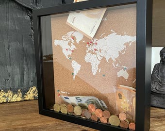 Reisdoos, speld wereldkaart, geheugendoos, spaarpot, reizigerscadeau, cadeau voor stel, cadeau voor haar, cadeau voor hem • Zwart lijst-witte kaart•