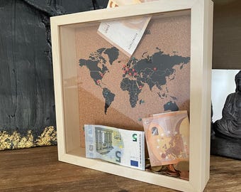 Reisdoos, speld wereldkaart, geheugendoos, spaarpot, reizigerscadeau, cadeau voor stel, cadeau voor haar, cadeau voor hem • Lichte kleur lijst-zwarte kaart