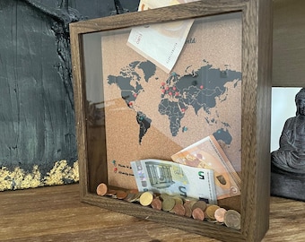 Reisdoos, speld wereldkaart, geheugendoos, spaarpot, reizigerscadeau, cadeau voor stel, cadeau voor haar, cadeau voor hem • Donkere kleur lijst - zwarte kaart