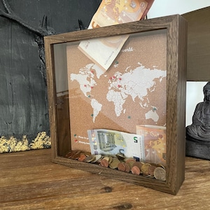 Reisebox, Weltkarte Pin, Erinnerungsbox, Sparschwein, Reisegeschenk, Geschenk für Paare, Geschenk für sie, Geschenk für ihn • Dunkle Farbe Rahmen-weiße Karte