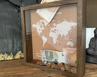 Reisdoos, speld wereldkaart, geheugendoos, spaarpot, reizigerscadeau, cadeau voor stel, cadeau voor haar, cadeau voor hem • Donkere kleur lijst-witte kaart