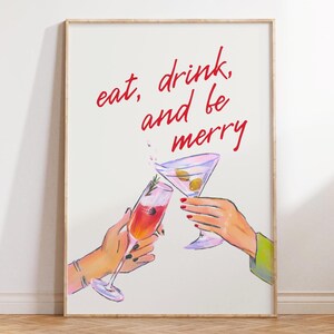 食べて飲んで楽しくなるサイン、乾杯プリント、クリスマスバーカートプリント、クリスマスウォールアート、クリスマスデコレーション、デジタルトレンディホリデープリント、デジタル