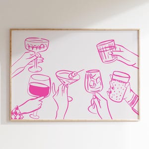 Roze bar kar muur kunst trendy bar kar decor Cheers print hand tekening afdrukken moderne bar kar muur kunst retro keuken afdrukbare digitale