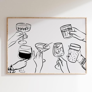 Zwarte bar kar muur kunst trendy bar kar decor Cheers print hand tekening afdrukken moderne bar kar muur kunst retro keuken afdrukbare digitale
