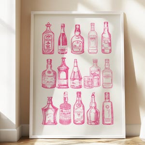 Pink Bar Cart Print Vintage Bar Cart Decor Alcohol Bottles Aesthetic Print Kitchen Wall Art Bar Printables Art Drinks Wall DIGITAL