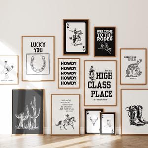 Conjunto de 20 pôsteres de arte de parede retrô com estampa de faroeste, pôster de ferradura em preto e branco, decoração para casa, arte de cowboy, pôster de cowgirl, Lucky You